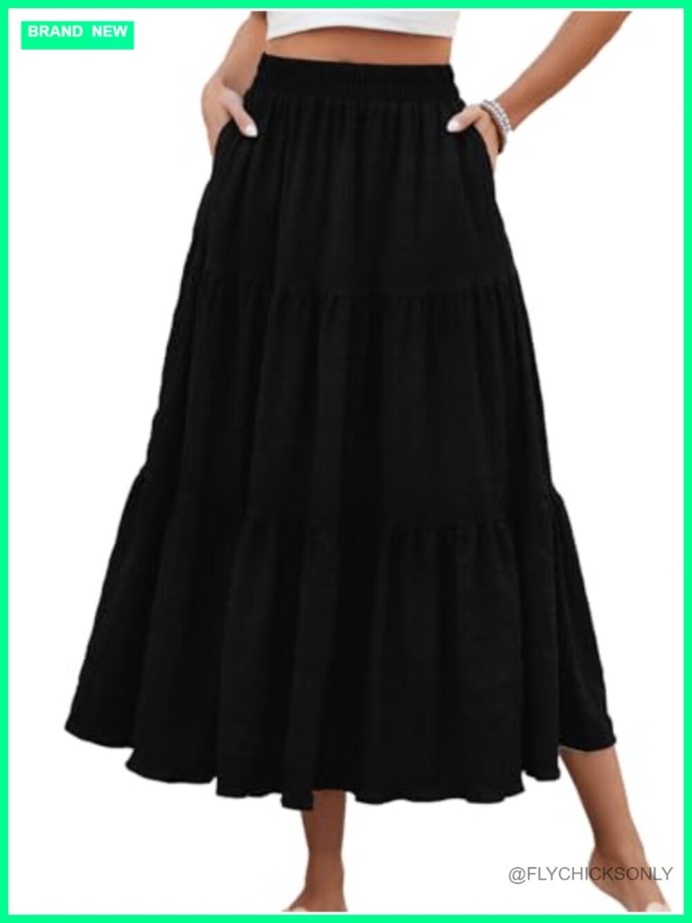Women's Casual Smocked High Waisted A-Line Tiered Maxi Skirt with Pockets